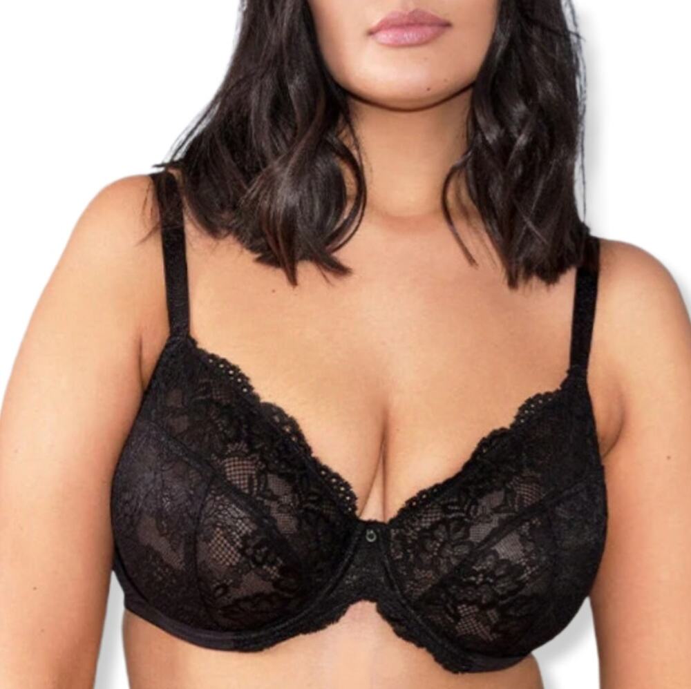 Ann Summers Black Lace Plunge Bra 44GG Plus Lingerie Underwire Full Coverage NEW